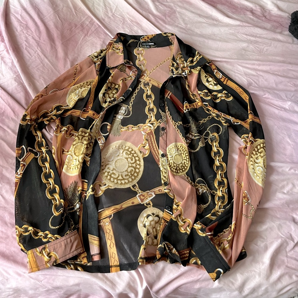 Fashion Nova sheer button up stretchy blouse